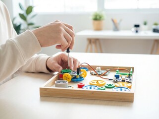 Fototapeta premium Building a small mechanical device with gears and motors on a wooden tray in a well-lit room