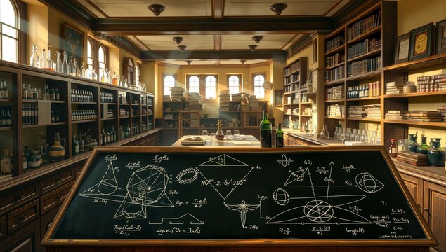 Old World Laboratory with Chalkboard - Powered by Adobe
