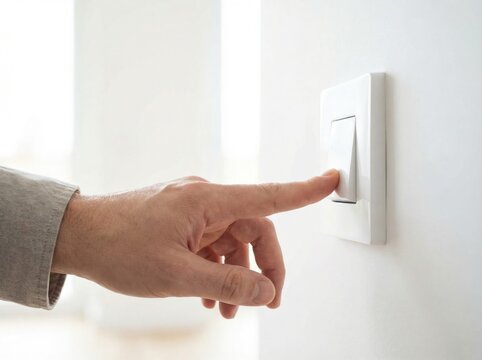 Hand pressing a light switch in a bright room on a clear day while changing the lighting of the space for better visibility and comfort