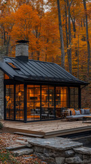 Modern cabin with full glass walls nestled in vibrant autumn forest during golden hour, featuring stone chimney, dark metal roof, wooden deck, and cozy outdoor seating area surrounded by colorful foli