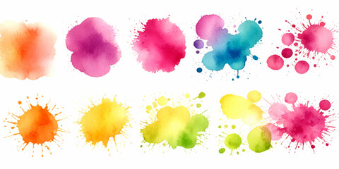 Collection of colorful abstract watercolor splashes and ink blot splatters showing grunge drops, stains, and blobs on white with dynamic artistic flow and texture © Siratul Nababi Turfa