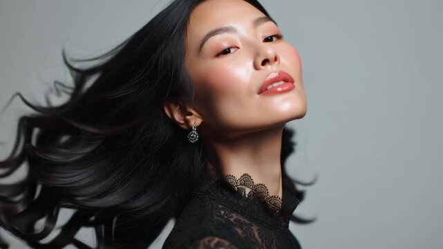 A gorgeous Asian woman in a studio portrait. Her well-styled, wavy hair is the focus on a soft blue background, perfect for hair color and beauty salon ads.