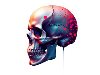 A skull with colorful paint splatters on its face