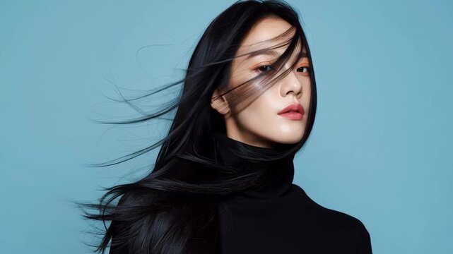 Close-up studio beauty shot of an attractive Asian model. Her voluminous, softly waved hair is showcased against a serene blue backdrop for salon promotion.