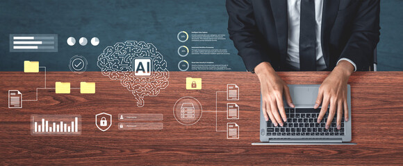 A businessman utilizes a laptop surrounded by artificial intelligence graphics, highlighting data analysis and productivity in a modern office setting. Gantry