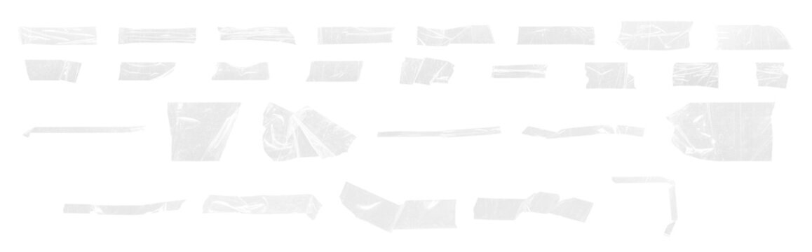 Set of transparent adhesive tape pieces and torn plastic strips isolated on black background. Wrinkled clear tape textures with scratches, folds and reflections, ideal for collage design, grunge overl
