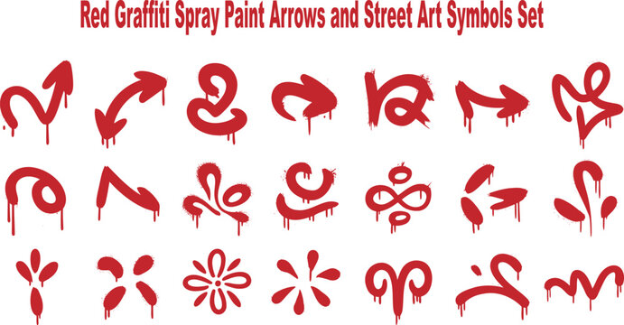 Comprehensive collection of red graffiti spray paint arrows and various street art symbols with drip effects