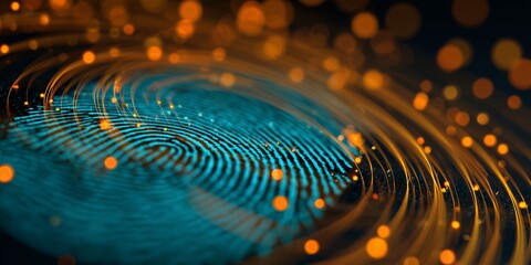 Fingerprint pattern with blue and orange lights in a dark background showing details of identification technology