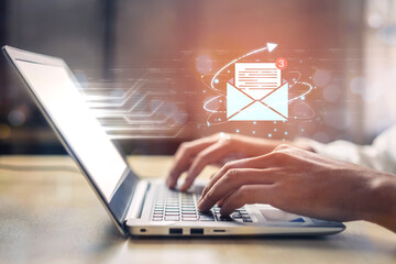 Concept of digital communication and correspondence. Receiving a new message or notification in an email inbox, representing online information exchange and alerts. Fermion