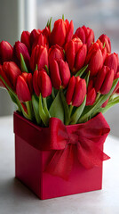 Fototapeta premium Luxury red tulip flower box with satin ribbon on a bright interior background