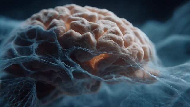 Close-up of a cell with complex surface structure and surrounding fibers.