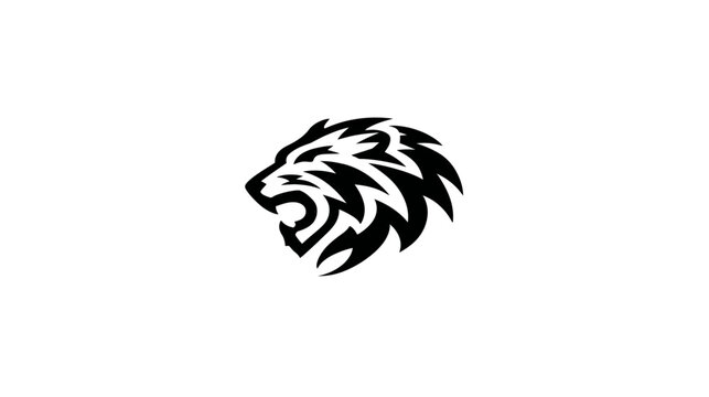Powerful stylized black and white lion head graphic. Roaring wild animal illustration symbol of strength and courage.