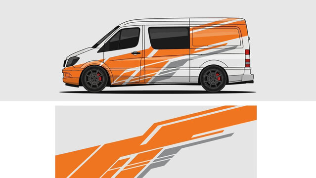 Orange-and-white van with dynamic wrap graphics and branding along side panels for transport advertising.