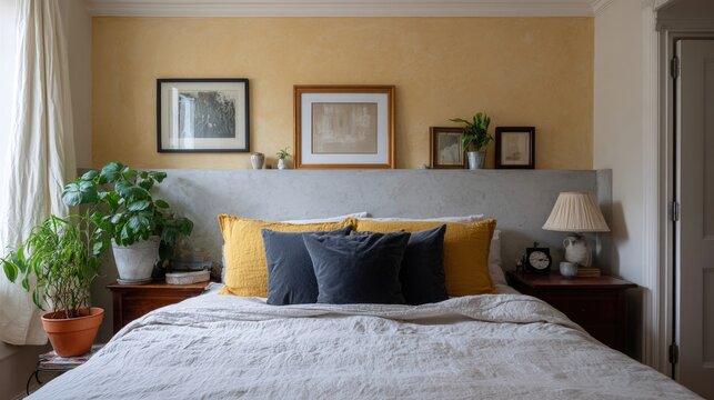 Bedroom with a large bed in the center. the bed has a white comforter and several blue and yellow throw pillows on top.