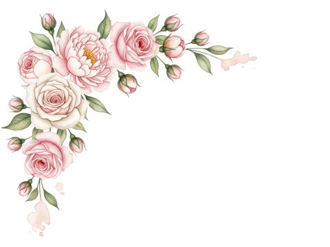 Hand painted watercolor floral corner border with delicate roses and peonies in soft blush pink isolated on white background