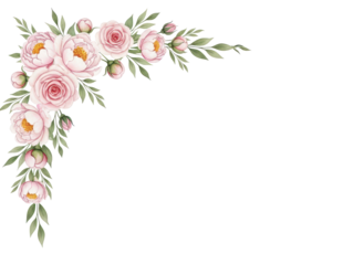 Hand painted watercolor floral corner border with delicate roses and peonies in soft blush pink isolated on white background