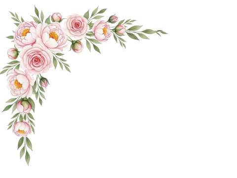 Hand painted watercolor floral corner border with delicate roses and peonies in soft blush pink isolated on white background