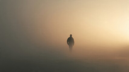 Man walks alone through foggy landscape