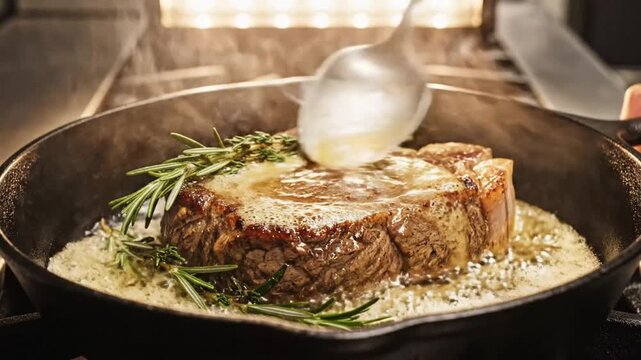 Chef basting a juicy ribeye steak with butter and herbs in a sizzling cast iron pan on a stovetop