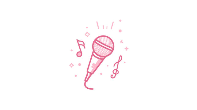 Cute pink microphone icon with musical notes and sparkling effect, perfect for music, singing, karaoke, and entertainment design.