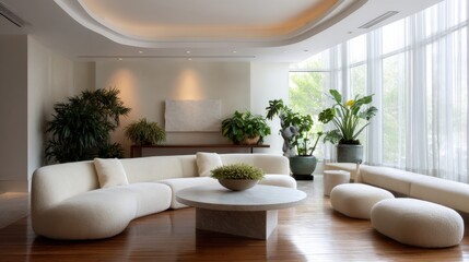 Fototapeta premium Modern living room with a large window on the right side. the window has white curtains that let in natural light.