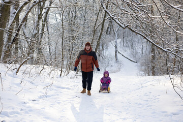 Father in orange jacket pulling his little daughter on yellow sled in snowy winter forest