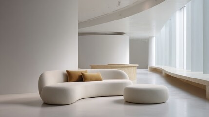 Modern and minimalist living room with a curved white sofa and two round ottomans. the room has a high ceiling with a skylight that allows natural light to enter the space.