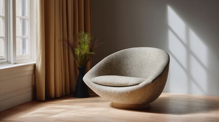 Modern living room with a large window on the left side. the window is covered with beige curtains and has a white frame.