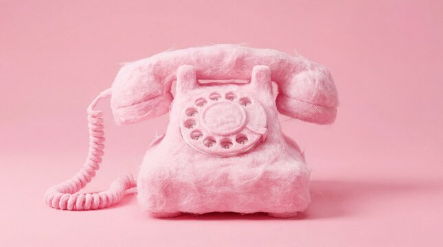 Pink fluffy fur vintage rotary telephone surreal object