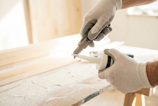 Hands apply glue to wood surface using a caulking gun in a workshop during daytime with tools scattered around and wooden beams in background - Powered by Adobe