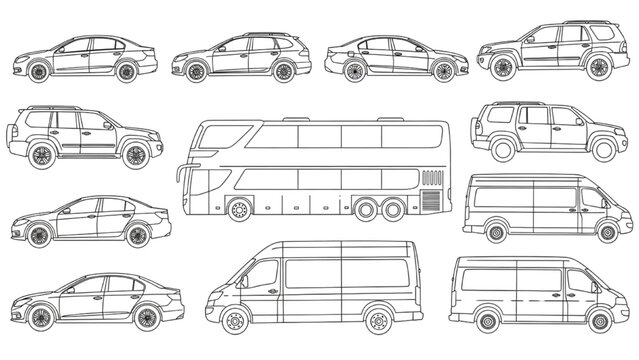 Vector Side View Vehicle Set Featuring cars, Sedans, SUVs, Vans, and Double-Decker Bus for Architectural Elevations