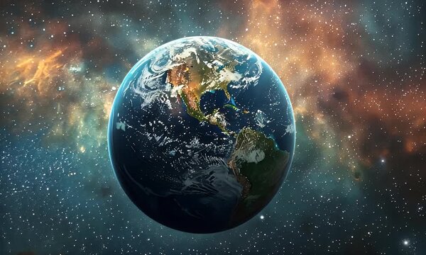 Earth from space with North and South America visible, surrounded by stars and nebulae in the vast universe