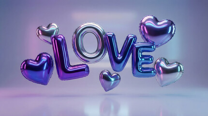 Valentine's day creative 3d glossy purple love balloon text with silver hearts, 14 february celebration of love, romantic greeting card concept on soft pastel background
