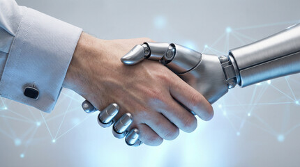 Human hand shakes robot hand with network background