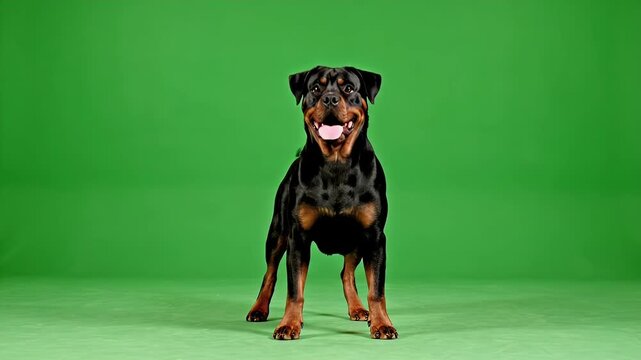 Energetic Rottweiler dog performing a playful dance routine with joyful movements and happy expressions against a vibrant green screen background, showcasing its agility and personality.