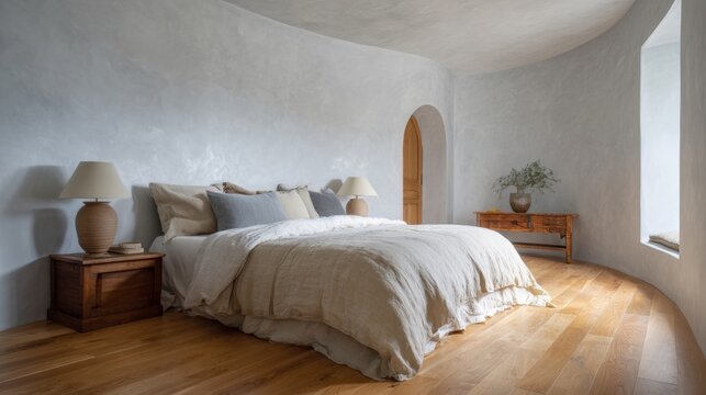 Modern and elegant bedroom with a large bed in the center. the bed is covered with a white comforter and several gray and white pillows.