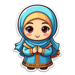 Sweet illustration of a Muslim girl in prayer pose, hands clasped with a gentle smile, framed in a circular background that radiates calm and devotion.
