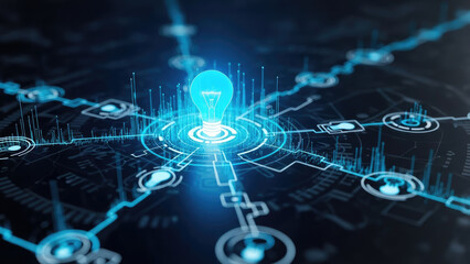 Fototapeta premium Glowing Blue Light Bulb Idea Network Connection Technology.