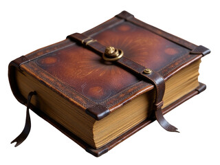 An antique book with a worn leather cover placed on a clean white surface