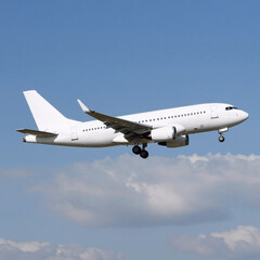 Obraz premium Blue sky with white plane silhouette flying above cloud background for website use