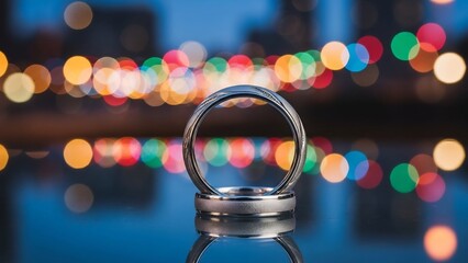 Elegant wedding rings gleam on a reflective surface against a dazzling bokeh backdrop of colorful city lights, ideal for engagement announcements, anniversary cards, Valentine's Day marketing,