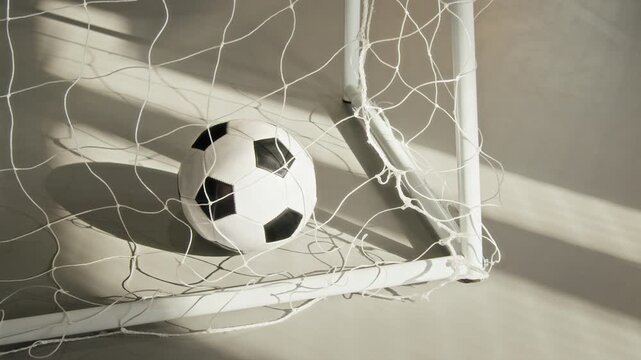 Minimal close up shot of soccer ball in gate behind net in indoor gym lit by sunlight with striking shadows, no people, copy space