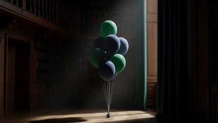 Elegant dark blue and green balloons illuminate a sophisticated, dimly lit room, perfect for upscale birthday celebrations, anniversary invitations, formal event promotions,