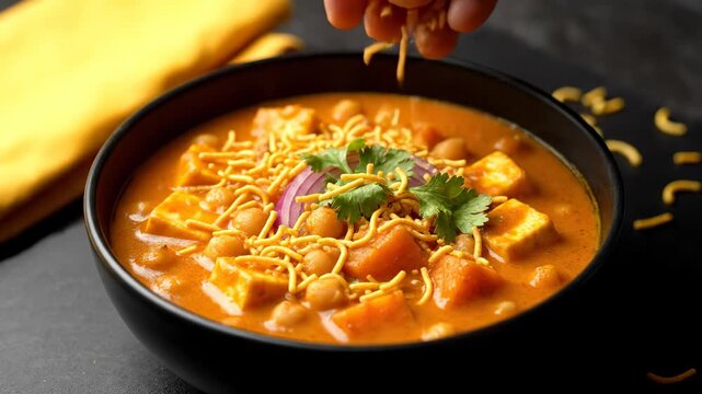 Close-up of a hand sprinkling crunchy sev over a bowl of authentic Indian Chana Paneer curry garnished with fresh coriander and red onion in a moody setting.