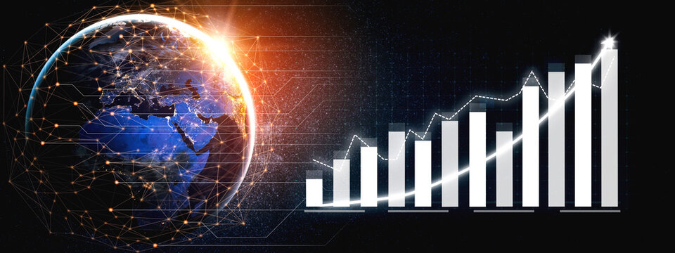 A stunning visual representation of Earth showcasing global business growth. The image combines a rising graph with digital elements, signifying progress and innovation in the economy. Impute - Powered by Adobe