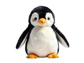 Fototapeta premium A cuddly stuffed penguin perched on a clean white background, great for use in educational or fun contexts