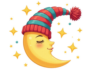 A whimsical illustration of a crescent moon wearing a cozy knitted hat, perfect for adding a touch of fantasy to your design or project