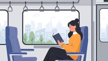 Woman engrossed in reading a book during her train commute. © chriesenda