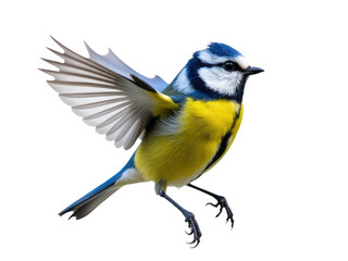 Naklejka premium A blue and yellow bird spreads its wings in mid-air, ready for takeoff