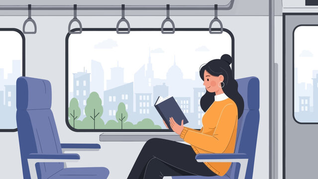 Woman engrossed in reading a book during her train commute.